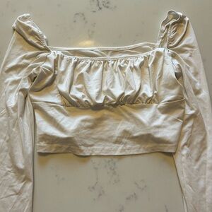 White long Sleeve Ruffle Womens Crop Top -Small